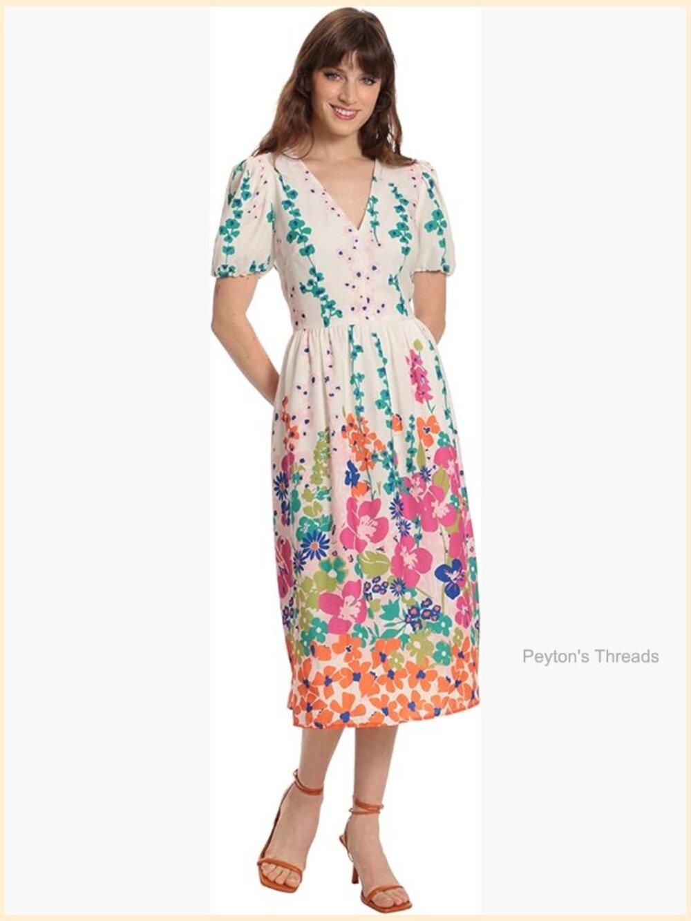 Floral Puff Sleeve V-Neck Midi Dress Sheath - Picture 1 of 5